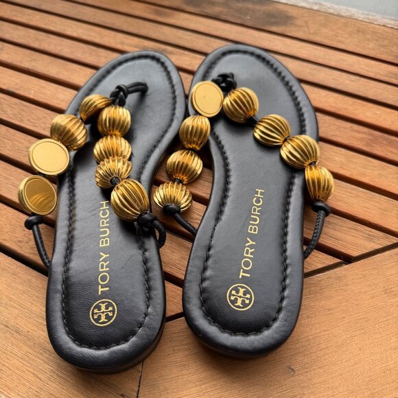 Tory Burch Capri Black and Gold Beaded Sandals For Women Size 6.5 - Picture 5 of 8